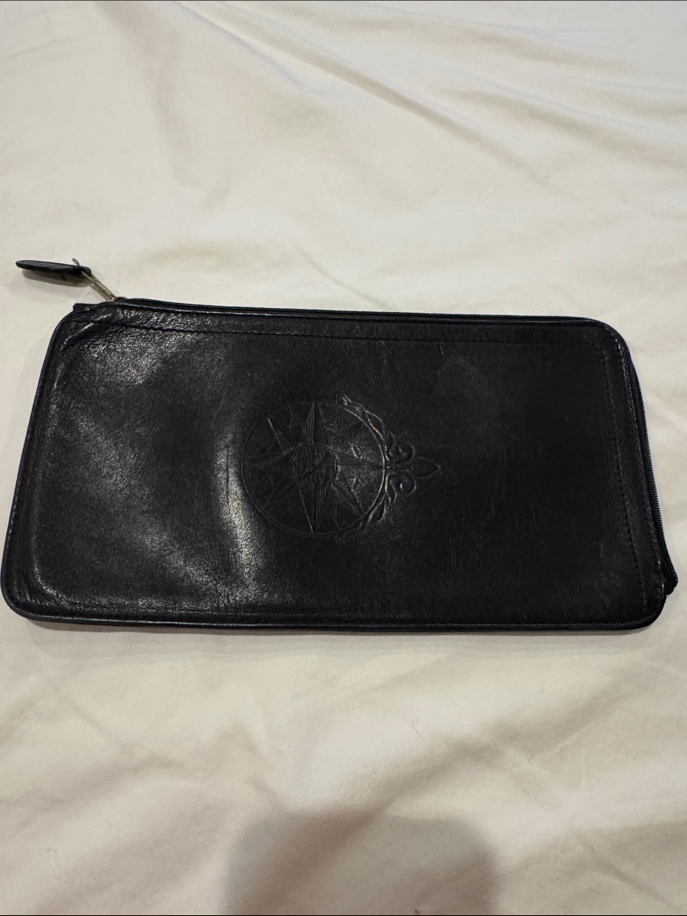 Men's Black Leather Zip Wallet - Sleek Compass Embossed Design